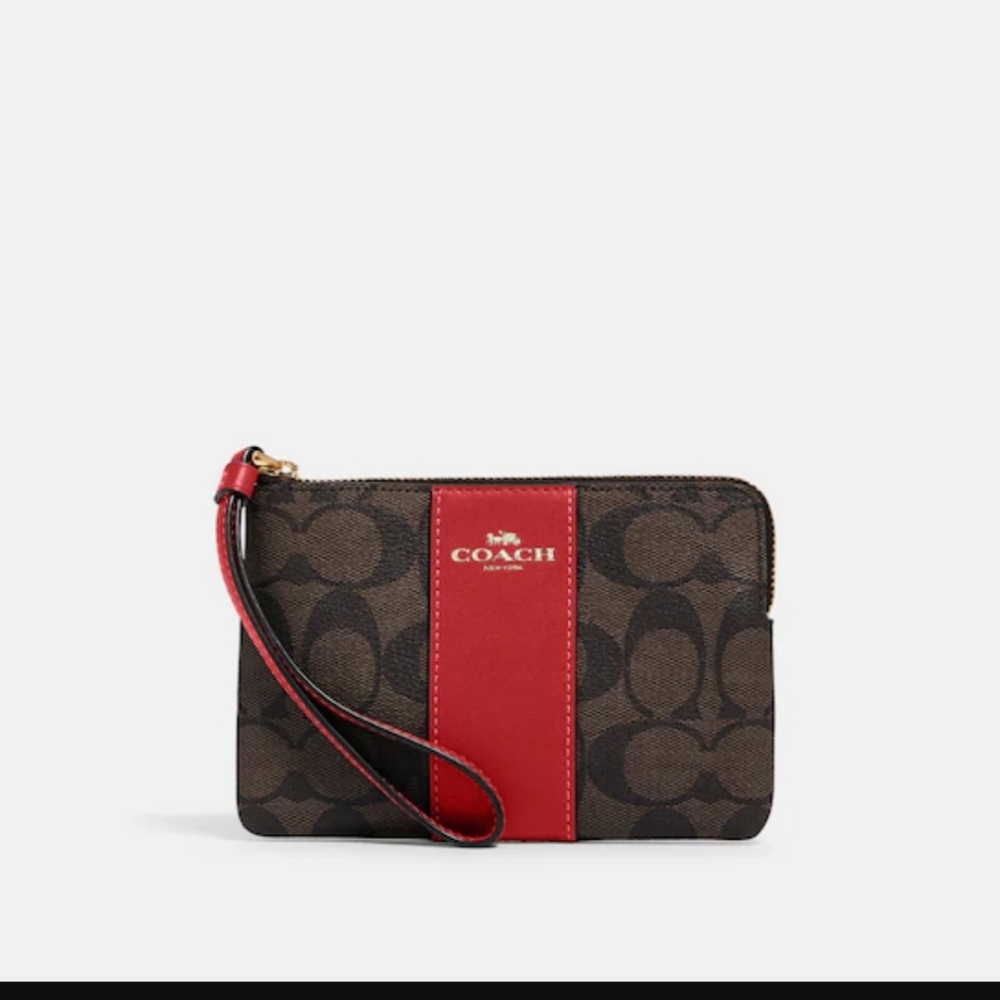 Coach Corner Zip Wristlet Signature Canvas Color Brown/1941 Red